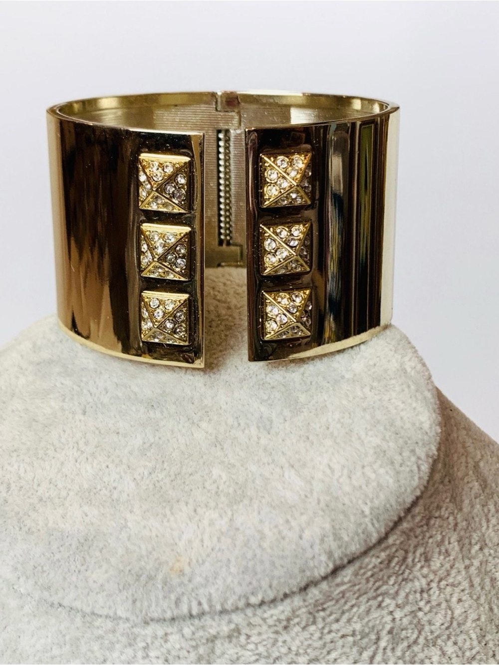 Edgy Gold Pyramid Stud Wide Cuff Bracelet